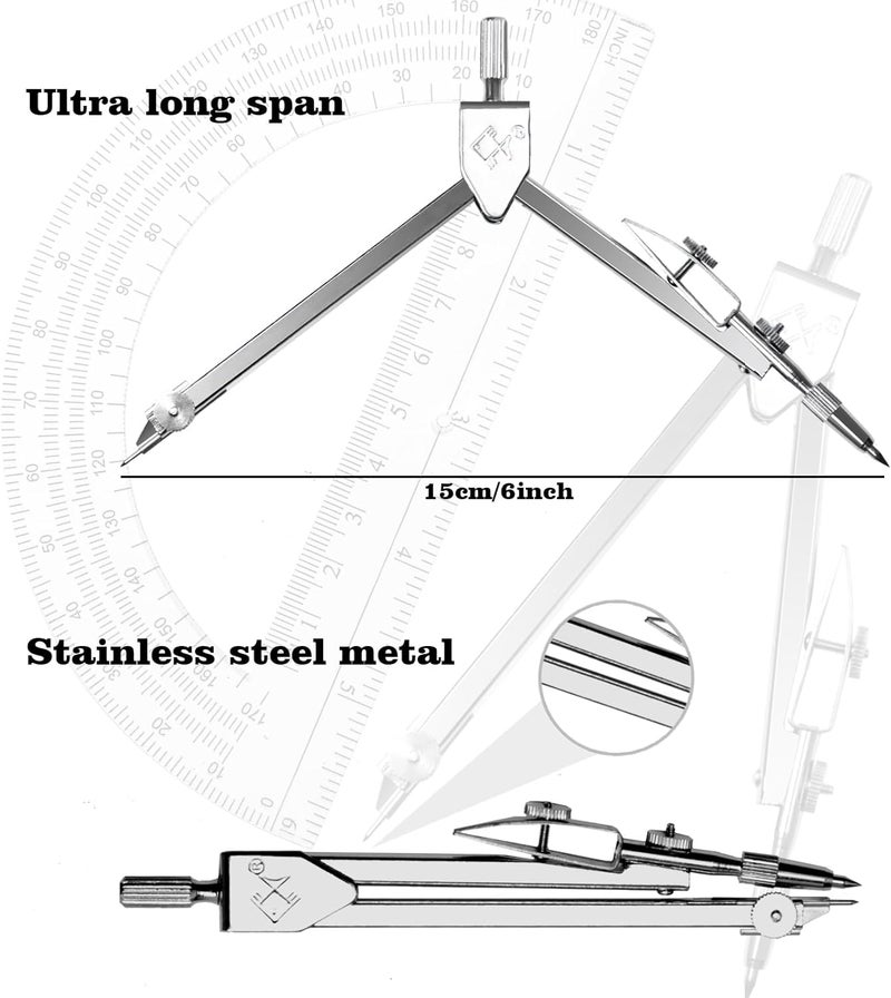 Tdfronien Students Geometry Math Set, Drawing Compass and 6 Inch Transparent Swing arm Protractor 180 Degree Math Protractor (Transparent) - Image 3